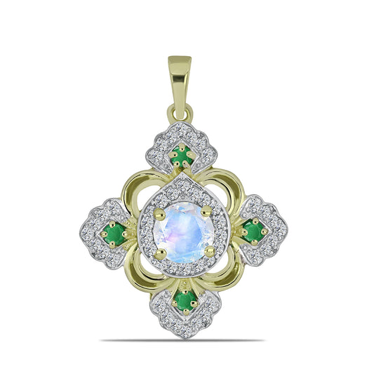 Pozlacené stříbro 925/1000 Přívěsek s Duhovým Měsíčním Kamenem a Brazilským Smaragdem - Karátové číslo: 1.51. přibližná hmotnost: 2.91 gramů