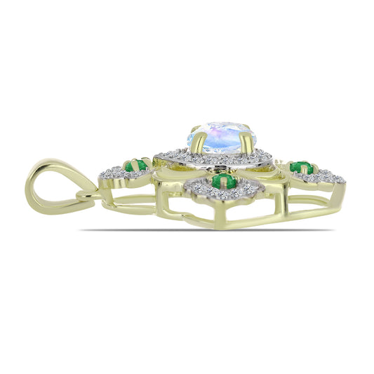 Pozlacené stříbro 925/1000 Přívěsek s Duhovým Měsíčním Kamenem a Brazilským Smaragdem - Karátové číslo: 1.51. přibližná hmotnost: 2.91 gramů