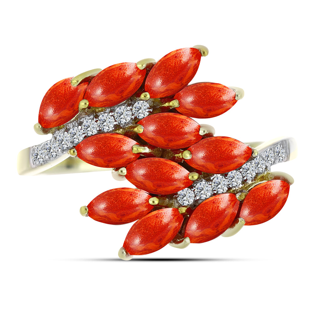 Pozlacený Stříbrný Prsten s Červeným Houbovým Korálem a Bílým Topazem 1 