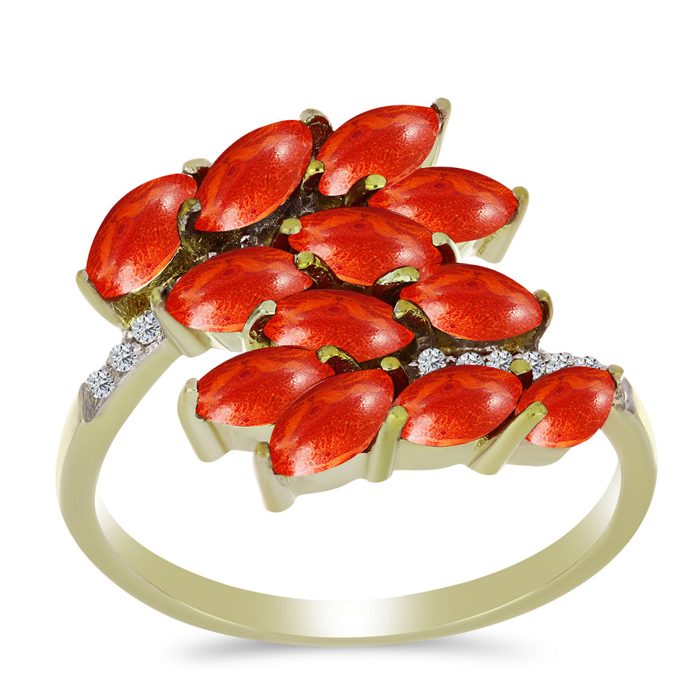 Pozlacený Stříbrný Prsten s Červeným Houbovým Korálem a Bílým Topazem 3 