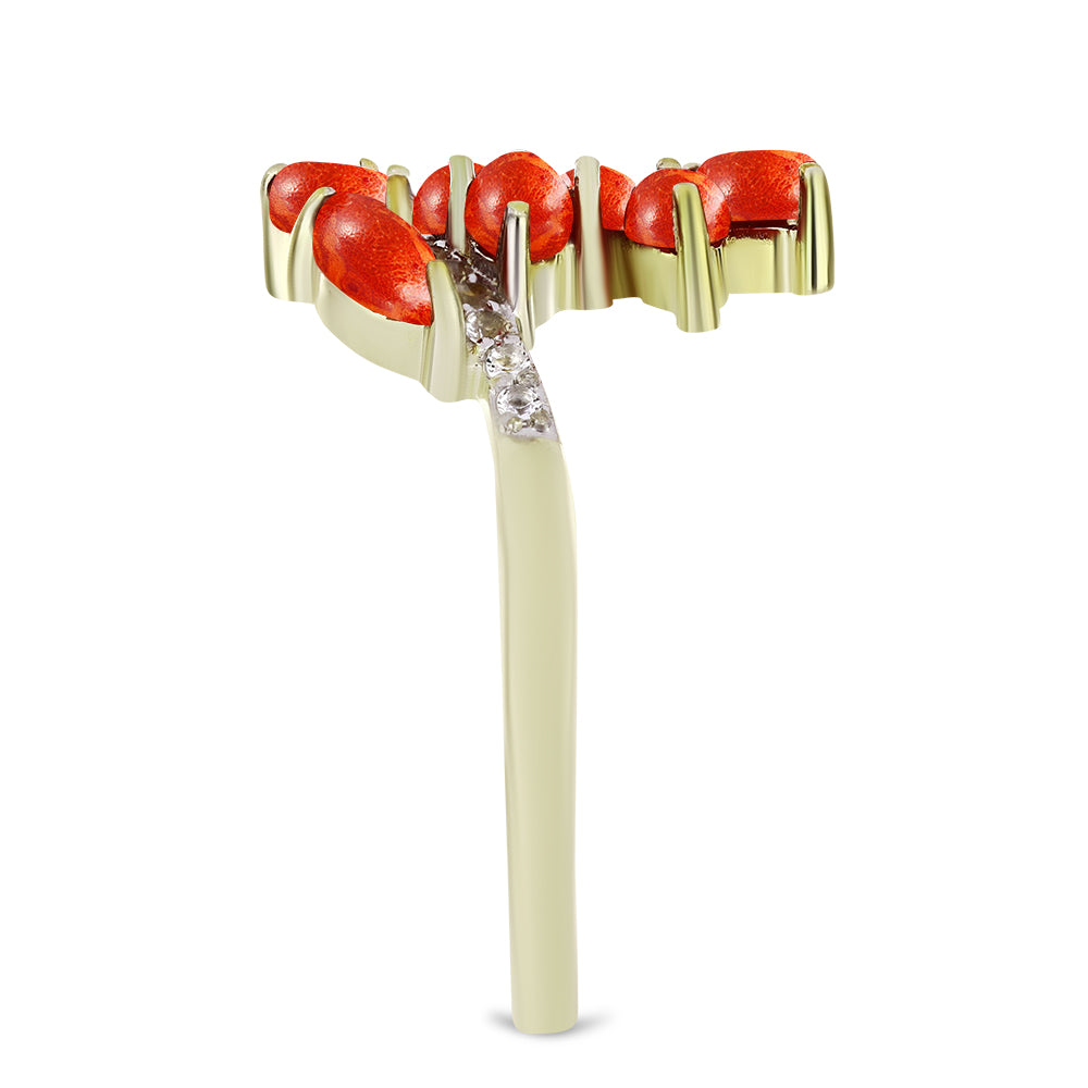 Pozlacený Stříbrný Prsten s Červeným Houbovým Korálem a Bílým Topazem