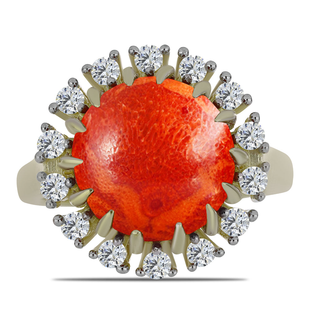 Pozlacené stříbro 925/1000 Prsten s Červeným Houbovým Korálem a Bílým Topazem - Karátové číslo: 5.88. přibližná hmotnost: 5.43 gramů