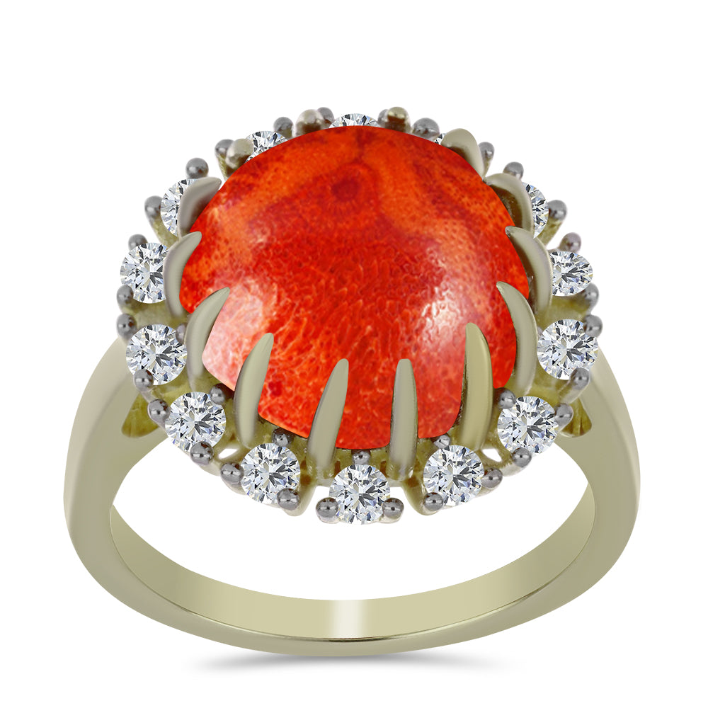 Pozlacené stříbro 925/1000 Prsten s Červeným Houbovým Korálem a Bílým Topazem - Karátové číslo: 5.88. přibližná hmotnost: 5.43 gramů 3 