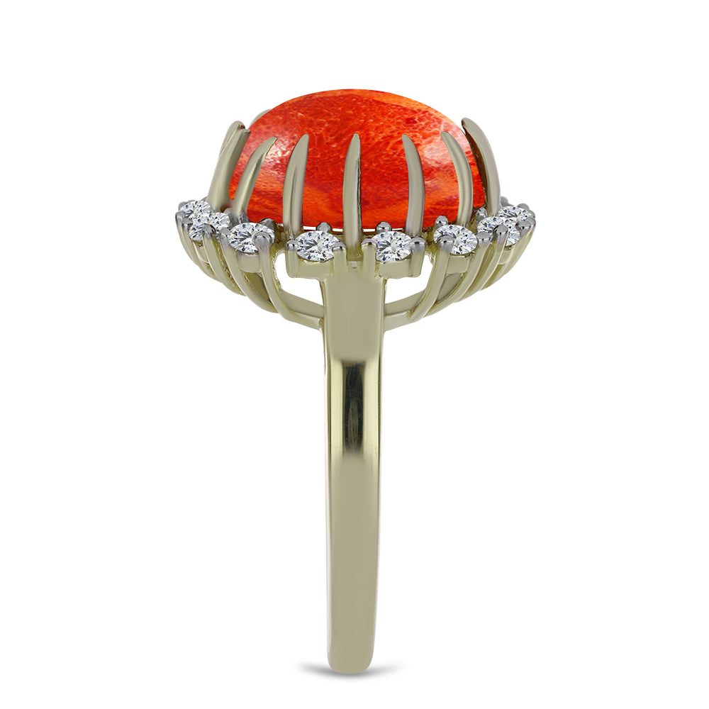 Pozlacené stříbro 925/1000 Prsten s Červeným Houbovým Korálem a Bílým Topazem - Karátové číslo: 5.88. přibližná hmotnost: 5.43 gramů 4 