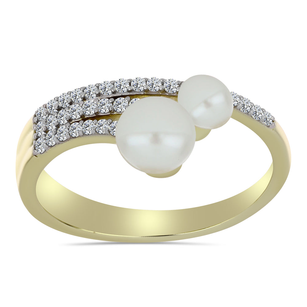 Pozlacené Stříbro 925/1000 - Prsten s Bílou Sladkovodní Perlou a Bílým Topazem - Karátové číslo: 2.36. přibližná hmotnost: 3.36 gramů 1 