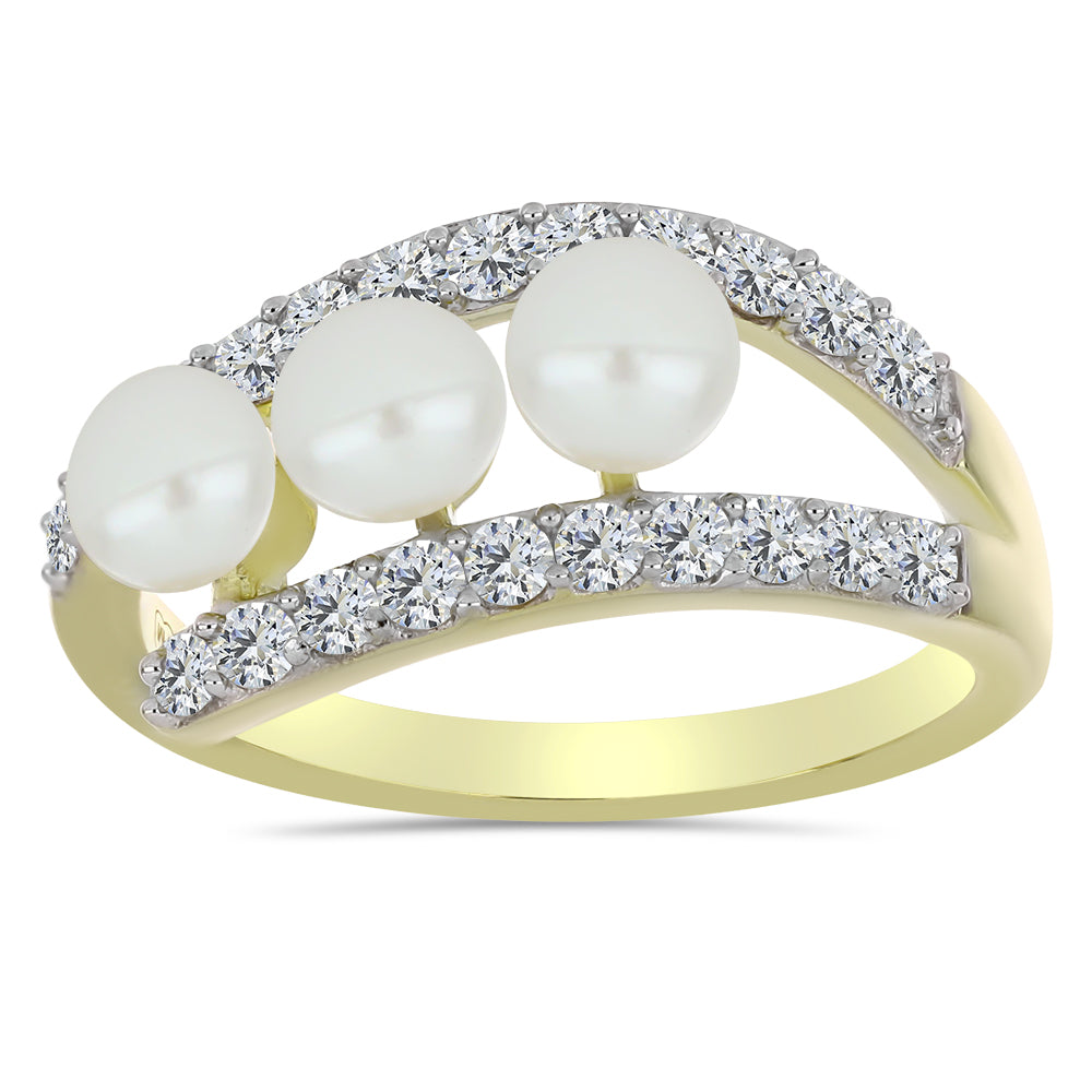 Pozlacené Stříbro 925/1000 - Prsten s Bílou Sladkovodní Perlou a Bílým Topazem - Karátové číslo: 2.25. přibližná hmotnost: 3.09 gramů 1 