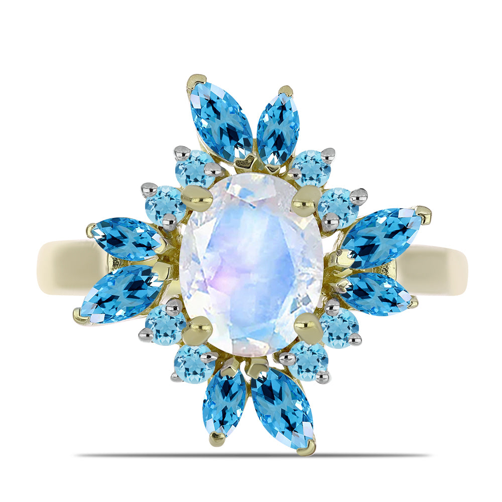 Pozlacený Stříbrný Prsten s Duhovým Měsíčním Kamenem a se Švýcarským Modrým Topazem 1 