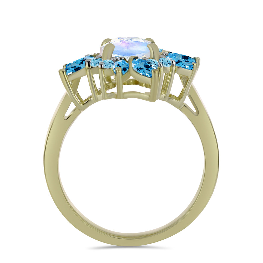 Pozlacený Stříbrný Prsten s Duhovým Měsíčním Kamenem a se Švýcarským Modrým Topazem