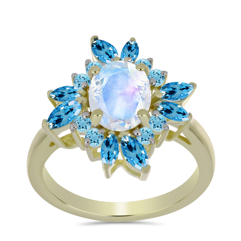 Pozlacený Stříbrný Prsten s Duhovým Měsíčním Kamenem a se Švýcarským Modrým Topazem