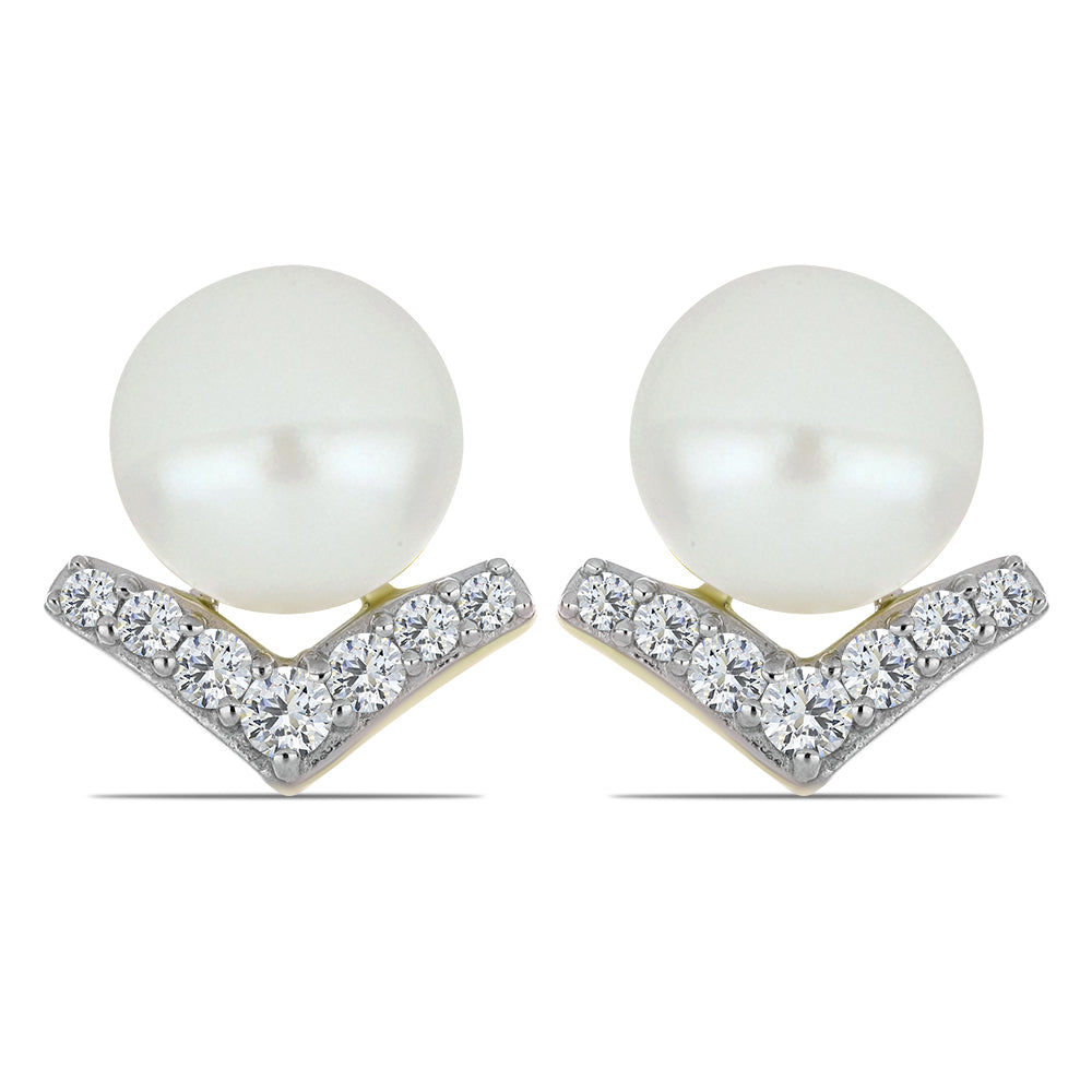 Pozlacené Stříbro 925/1000 - Náušnice s Bílou Sladkovodní Perlou a Bílým Topazem - Karátové číslo: 5.91. přibližná hmotnost: 2.63 gramů 1 