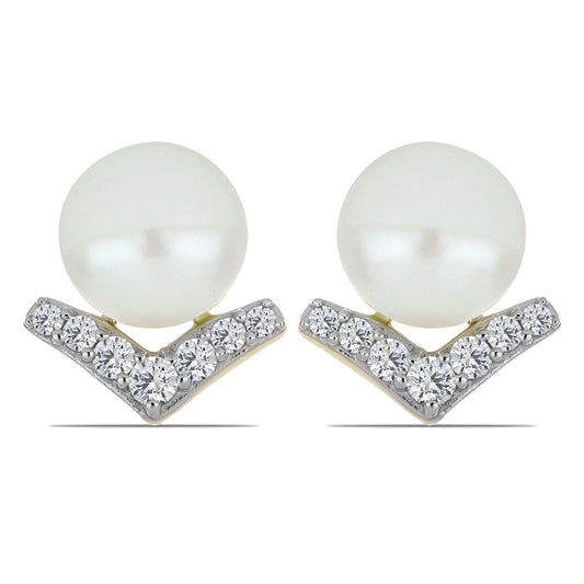 Pozlacené Stříbro 925/1000 - Náušnice s Bílou Sladkovodní Perlou a Bílým Topazem - Karátové číslo: 5.91. přibližná hmotnost: 2.63 gramů