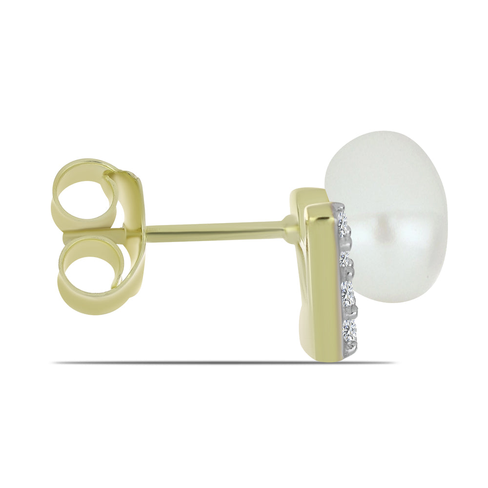 Pozlacené Stříbro 925/1000 - Náušnice s Bílou Sladkovodní Perlou a Bílým Topazem - Karátové číslo: 5.91. přibližná hmotnost: 2.63 gramů 2 