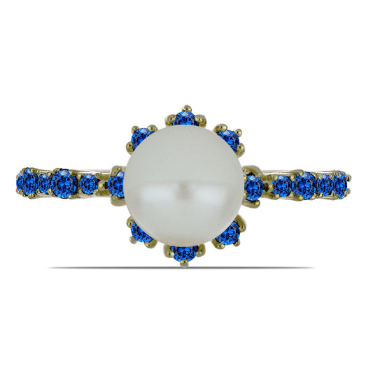Pozlacený Stříbrný Prsten s Bílou Sladkovodní Perlou a Australským Modrým Safírem