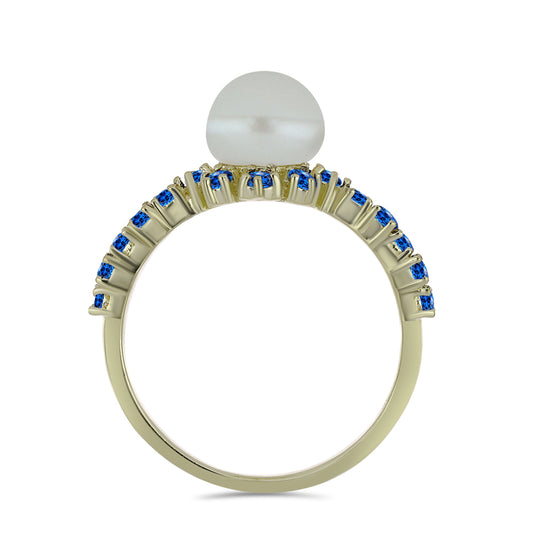 Pozlacený Stříbrný Prsten s Bílou Sladkovodní Perlou a Australským Modrým Safírem