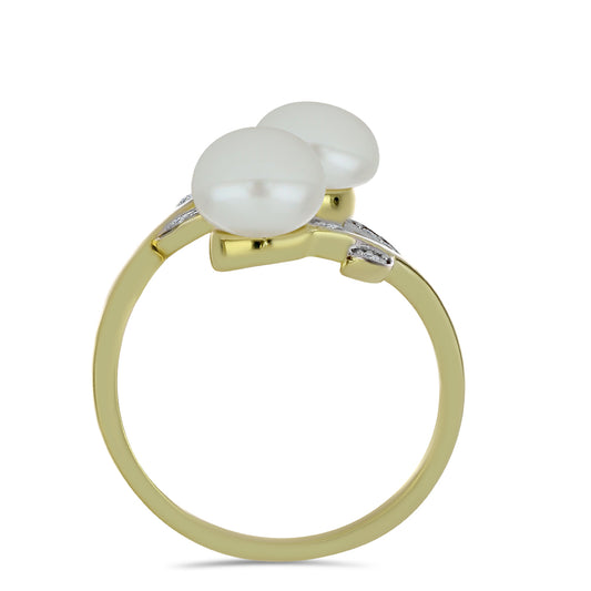 Pozlacený Stříbrný Prsten s Bílou Sladkovodní Perlou a Bílým Topazem
