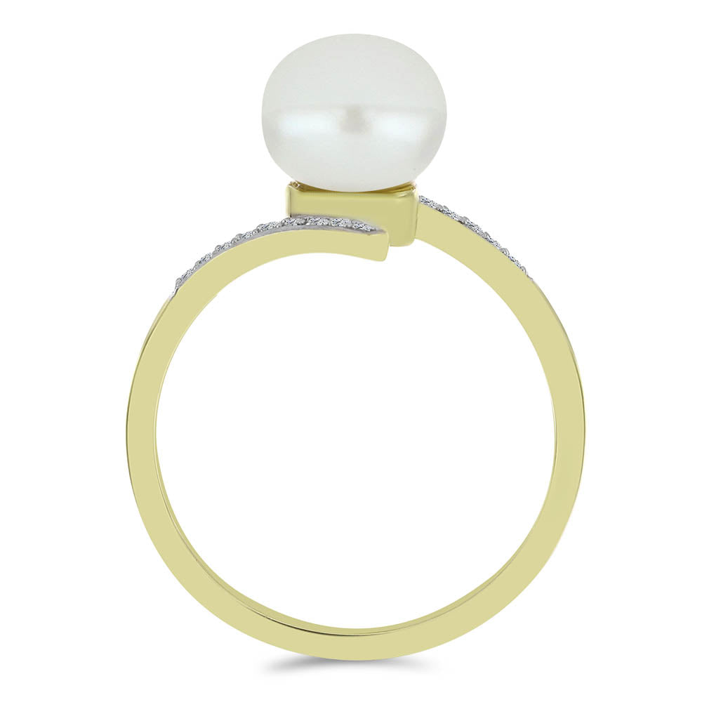 Pozlacené Stříbro 925/1000 - Prsten s Bílou Sladkovodní Perlou a Bílým Topazem - Karátové číslo: 4.27. přibližná hmotnost: 3.15 gramů