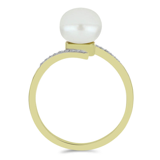 Pozlacené Stříbro 925/1000 - Prsten s Bílou Sladkovodní Perlou a Bílým Topazem - Karátové číslo: 4.27. přibližná hmotnost: 3.15 gramů