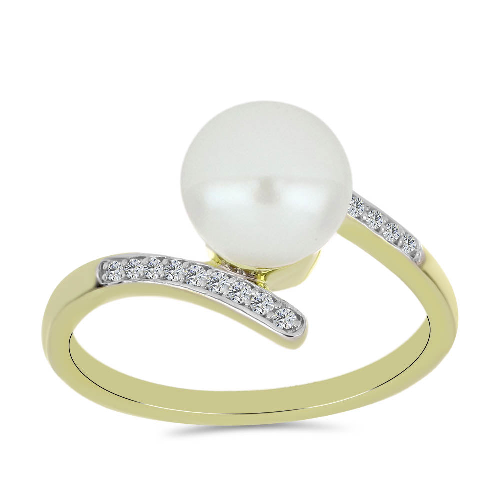 Pozlacené Stříbro 925/1000 - Prsten s Bílou Sladkovodní Perlou a Bílým Topazem - Karátové číslo: 4.27. přibližná hmotnost: 3.15 gramů