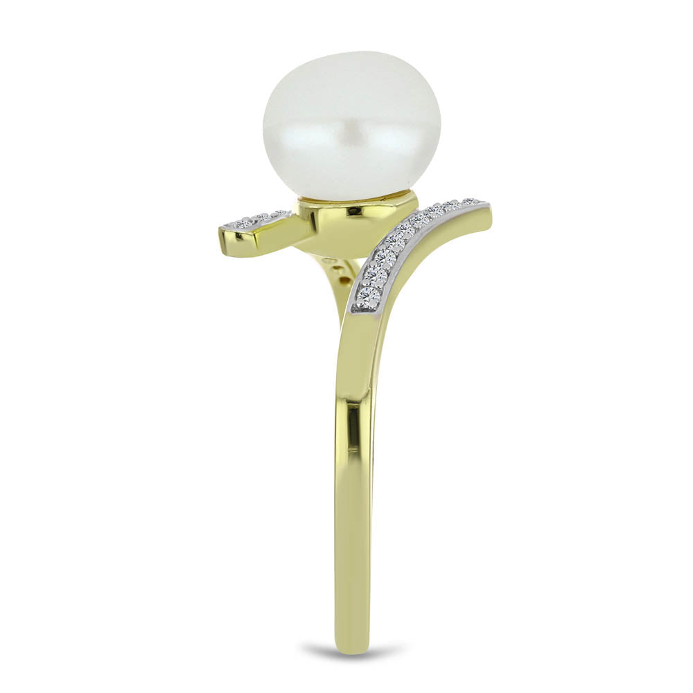 Pozlacené Stříbro 925/1000 - Prsten s Bílou Sladkovodní Perlou a Bílým Topazem - Karátové číslo: 4.27. přibližná hmotnost: 3.15 gramů 4 