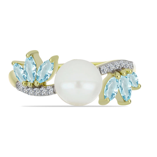 Pozlacený Stříbrný Prsten s Bílou Sladkovodní Perlou a Akvamarínem