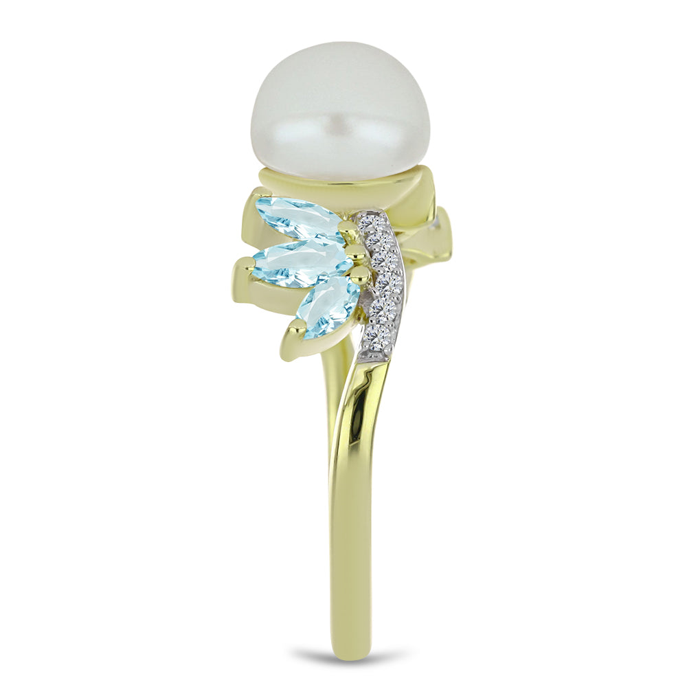 Pozlacený Stříbrný Prsten s Bílou Sladkovodní Perlou a Akvamarínem