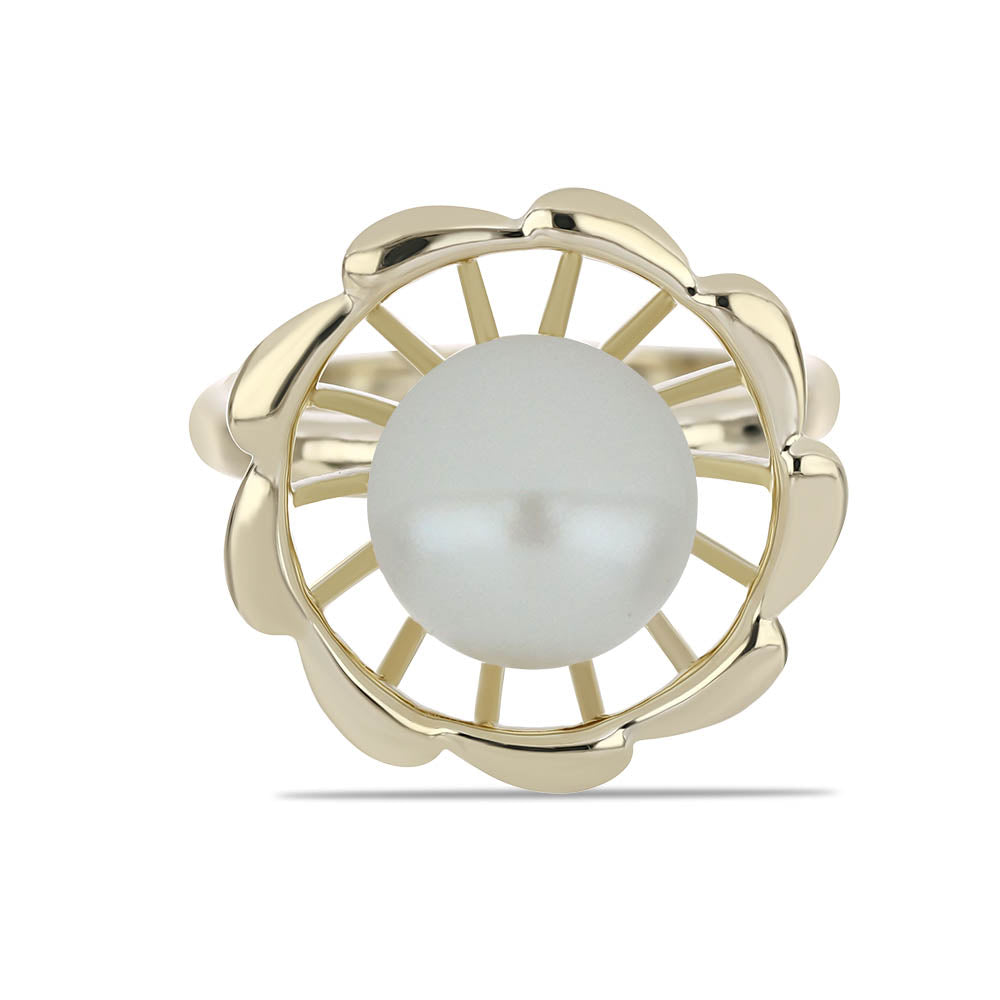 Pozlacené Stříbro 925/1000 - Prsten s Bílou Sladkovodní Perlou - Karátové číslo: 6. přibližná hmotnost: 5.26 gramů
