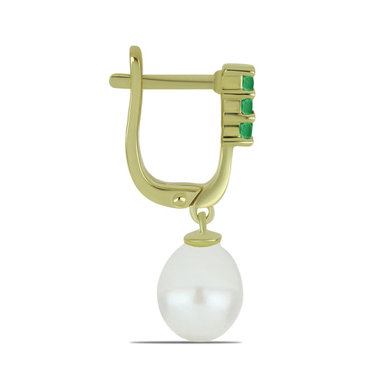 Pozlacené stříbro 925/1000 Náušnice s Bílou Sladkovodní Perlou a Brazilským Smaragdem - Karátové číslo: 9.86. přibližná hmotnost: 4.54 gramů