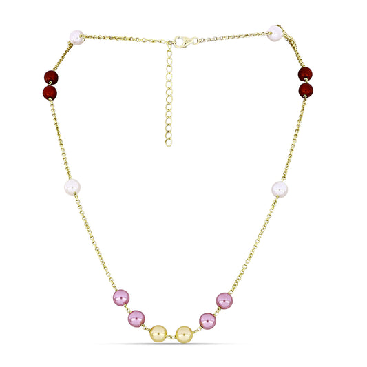 Pozlacený Stříbrný Náhrdelník s Bílou Sladkovodní Perlou a Broskvovou Sladkovodní Perlou