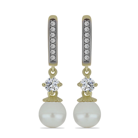 Pozlacené Stříbro 925/1000 - Náušnice s Bílou Sladkovodní Perlou a Bílým Topazem - Karátové číslo: 6.9. přibližná hmotnost: 4.65 gramů
