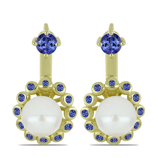 Pozlacené stříbro 925/1000 Náušnice s Bílou Sladkovodní Perlou a Tanzanitem - Karátové číslo: 6.36. přibližná hmotnost: 6.96 gramů