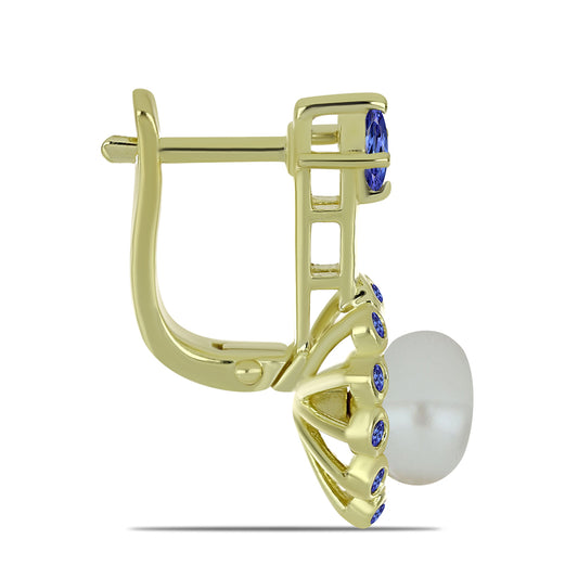 Pozlacené stříbro 925/1000 Náušnice s Bílou Sladkovodní Perlou a Tanzanitem - Karátové číslo: 6.36. přibližná hmotnost: 6.96 gramů