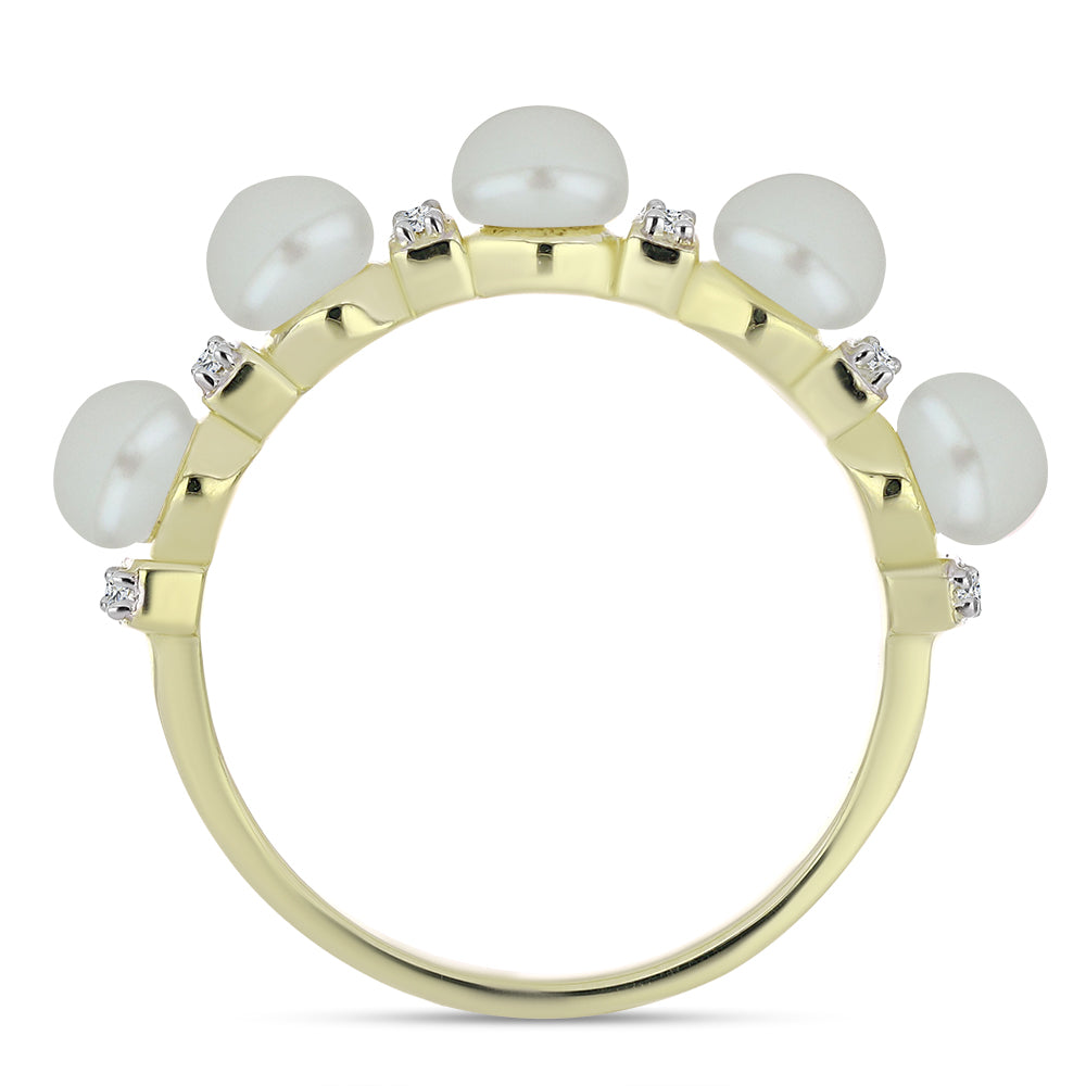 Pozlacené Stříbro 925/1000 - Prsten s Bílou Sladkovodní Perlou a Bílým Topazem - Karátové číslo: 2.79. přibližná hmotnost: 3.21 gramů 3 