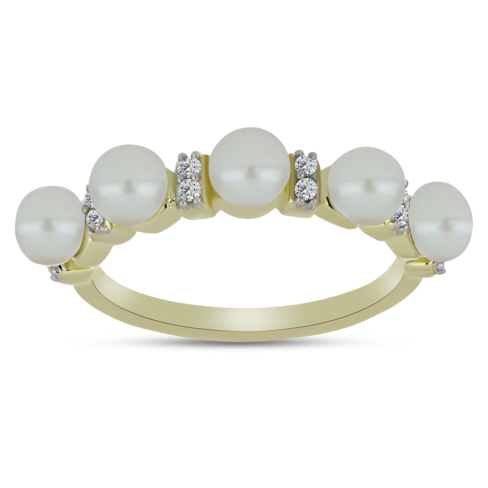 Pozlacené Stříbro 925/1000 - Prsten s Bílou Sladkovodní Perlou a Bílým Topazem - Karátové číslo: 2.79. přibližná hmotnost: 3.21 gramů