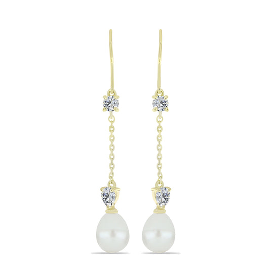 Pozlacené Stříbro 925/1000 - Náušnice s Bílou Sladkovodní Perlou a Bílým Topazem - Karátové číslo: 11.32. přibližná hmotnost: 4.24 gramů