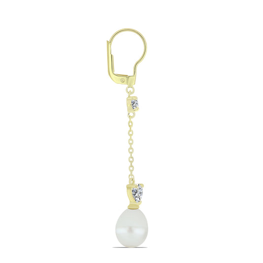 Pozlacené Stříbro 925/1000 - Náušnice s Bílou Sladkovodní Perlou a Bílým Topazem - Karátové číslo: 11.32. přibližná hmotnost: 4.24 gramů