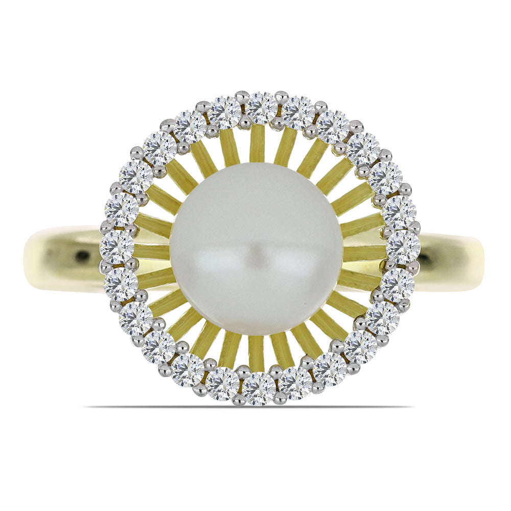 Pozlacené Stříbro 925/1000 - Prsten s Bílou Sladkovodní Perlou a Bílým Topazem - Karátové číslo: 3.56. přibližná hmotnost: 3.46 gramů