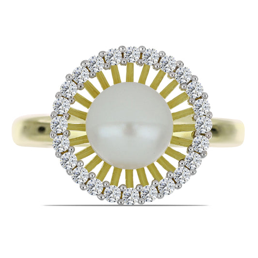 Pozlacené Stříbro 925/1000 - Prsten s Bílou Sladkovodní Perlou a Bílým Topazem - Karátové číslo: 3.56. přibližná hmotnost: 3.46 gramů