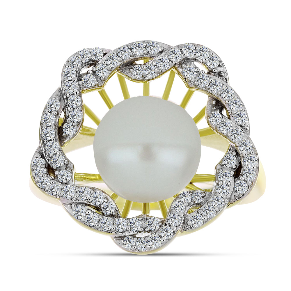 Pozlacené Stříbro 925/1000 - Prsten s Bílou Sladkovodní Perlou a Bílým Topazem - Karátové číslo: 6.33. přibližná hmotnost: 7.5 gramů 1 