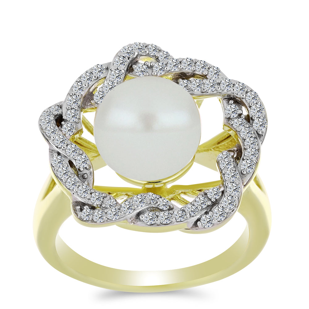 Pozlacené Stříbro 925/1000 - Prsten s Bílou Sladkovodní Perlou a Bílým Topazem - Karátové číslo: 6.33. přibližná hmotnost: 7.5 gramů