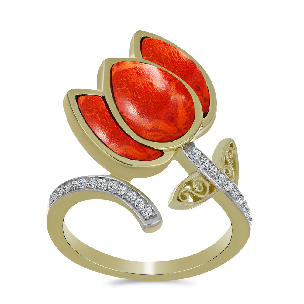 Pozlacený Stříbrný Prsten s Červeným Houbovým Korálem a Bílým Topazem