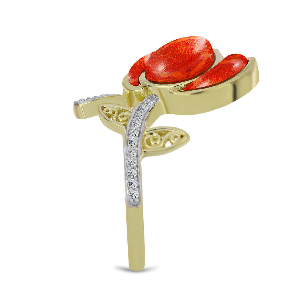 Pozlacený Stříbrný Prsten s Červeným Houbovým Korálem a Bílým Topazem