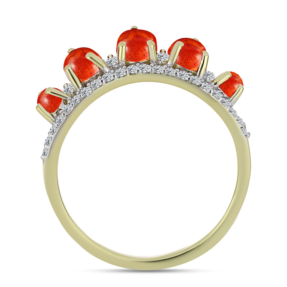 Pozlacené Stříbro 925/1000 - Prsten s Červeným Houbovým Korálem a Bílým Topazem - Karátové číslo: 1.3. přibližná hmotnost: 2.52 gramů 3 