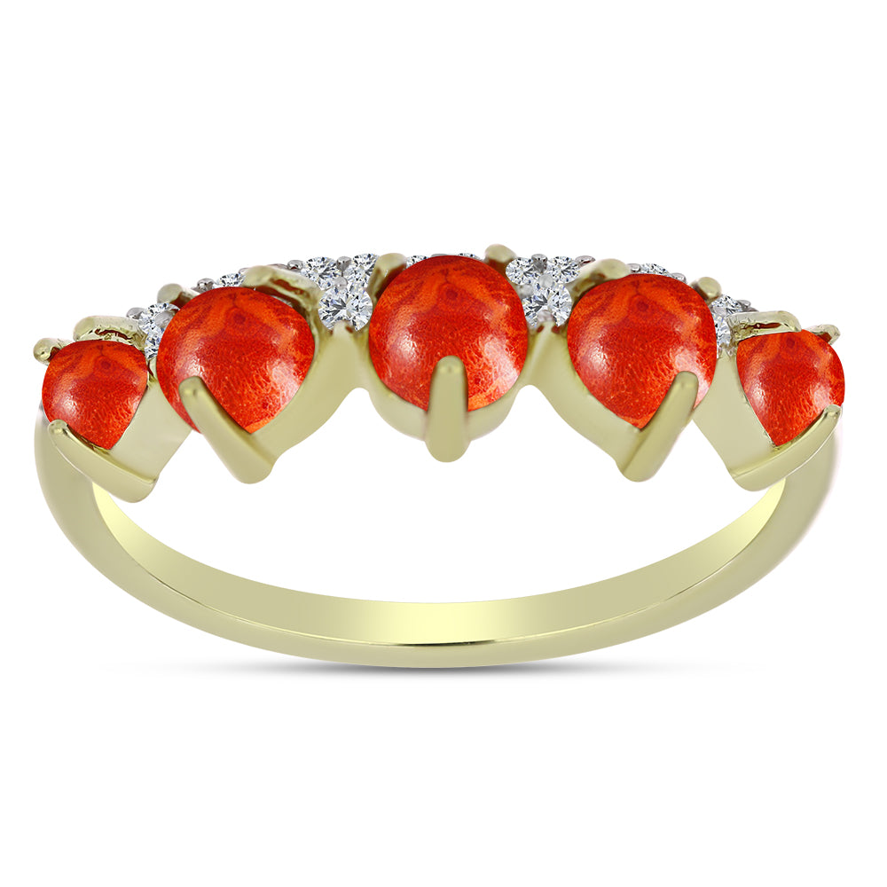 Pozlacené Stříbro 925/1000 - Prsten s Červeným Houbovým Korálem a Bílým Topazem - Karátové číslo: 1.3. přibližná hmotnost: 2.52 gramů