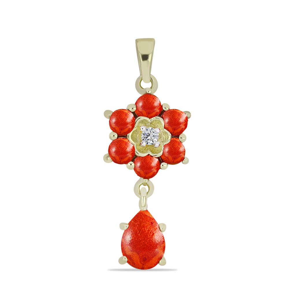 Pozlacené Stříbro 925/1000 - Přívěsek s Červeným Houbovým Korálem a Bílým Topazem - Karátové číslo: 1.52. přibližná hmotnost: 1.88 gramů 1 