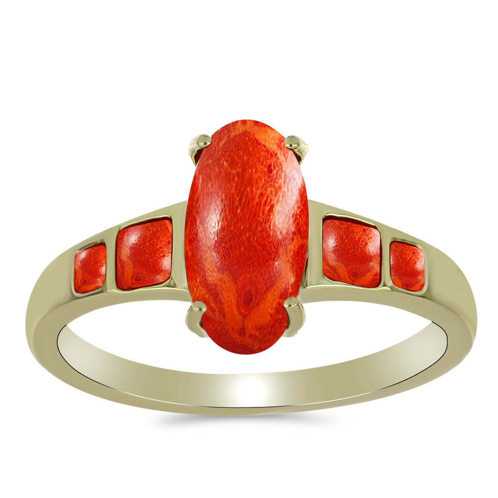 Pozlacený Stříbrný Prsten s Červeným Houbovým Korálem