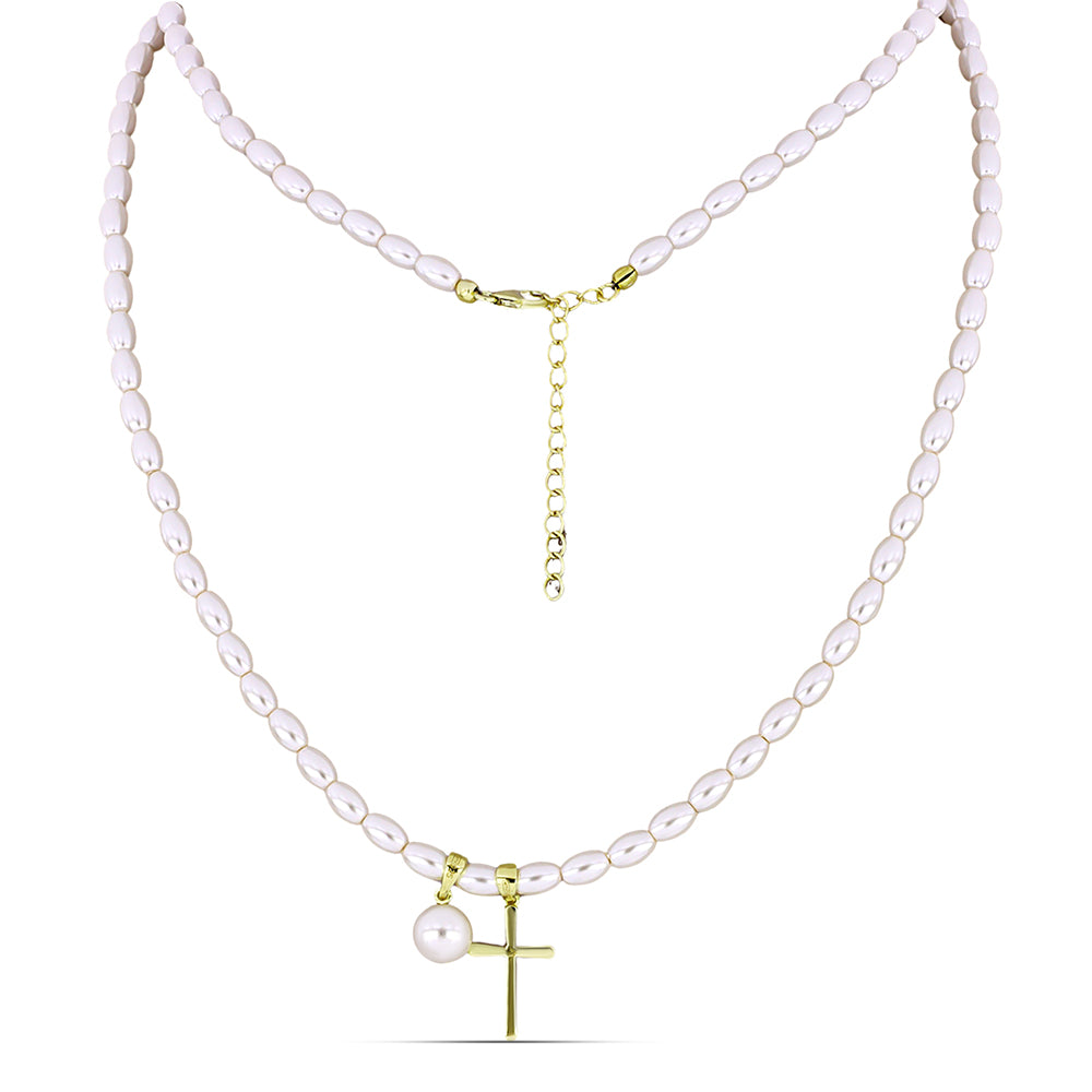 Pozlacené Stříbro 925/1000 - Náhrdelník s Bílou Sladkovodní Perlou - Karátové číslo: 53.93. přibližná hmotnost: 13 gramů 1 