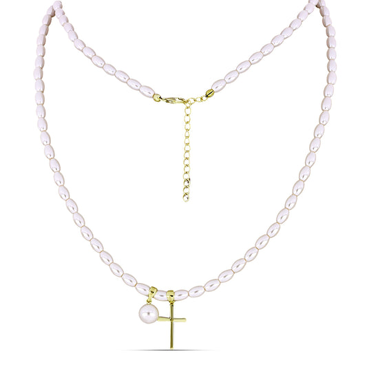 Pozlacené Stříbro 925/1000 - Náhrdelník s Bílou Sladkovodní Perlou - Karátové číslo: 53.93. přibližná hmotnost: 13 gramů