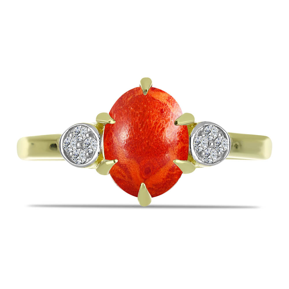 Pozlacené Stříbro 925/1000 - Prsten s Červeným Houbovým Korálem a Bílým Topazem - Karátové číslo: 1.53. přibližná hmotnost: 2.61 gramů