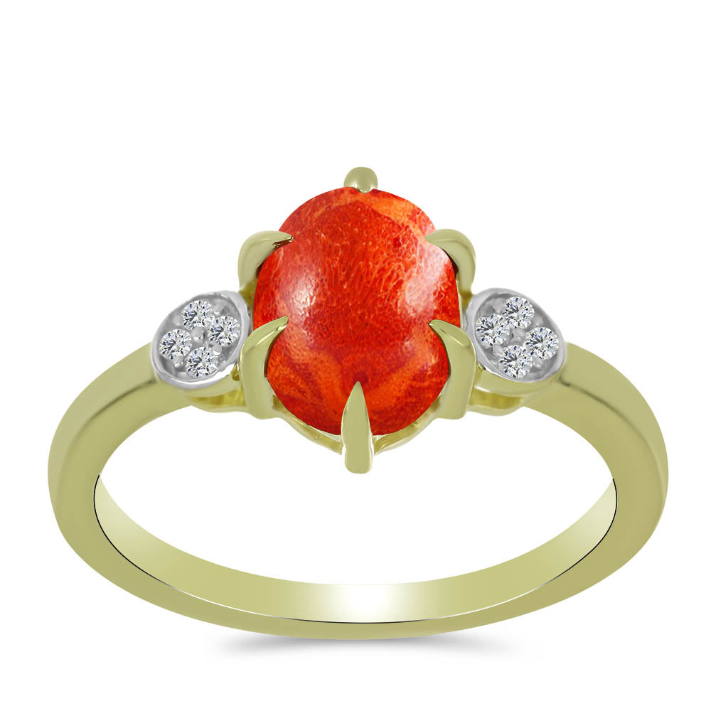 Pozlacené Stříbro 925/1000 - Prsten s Červeným Houbovým Korálem a Bílým Topazem - Karátové číslo: 1.53. přibližná hmotnost: 2.61 gramů