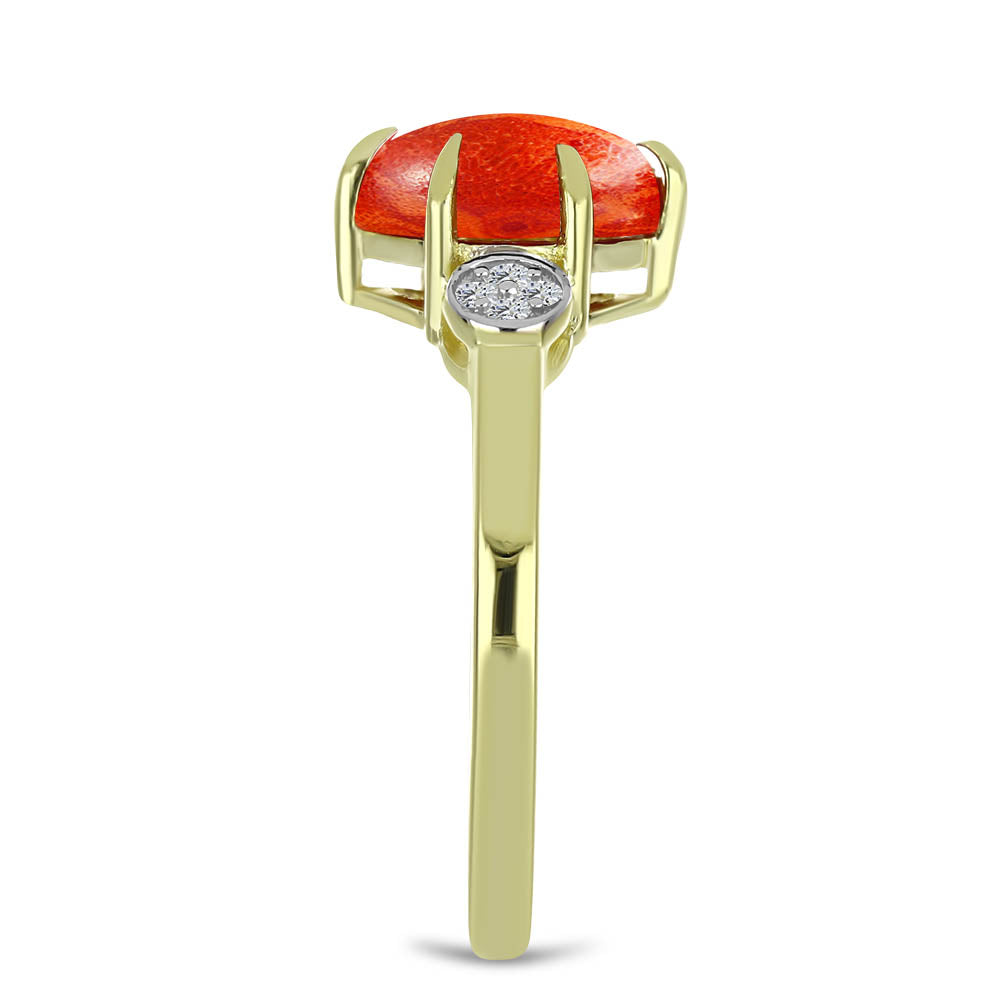 Pozlacené Stříbro 925/1000 - Prsten s Červeným Houbovým Korálem a Bílým Topazem - Karátové číslo: 1.53. přibližná hmotnost: 2.61 gramů 4 